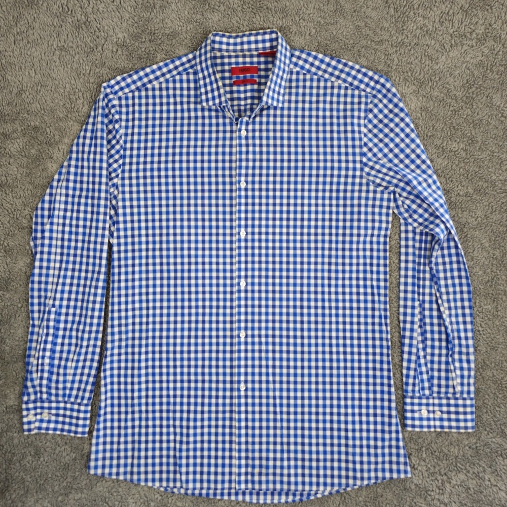Hugo Boss Dress Shirt Mens 16.5 Slim Fit Easy Iron Blue White  34/35 (42)